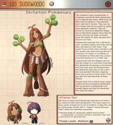 Rule 34 | 1boy, 1girl, ahoge, arm up, breasts, brown hair, character name, character profile, chibi, creatures (company), english text, game freak, gen 2 pokemon, green eyes, hand up, highres, kinkymation, long hair, medium breasts, nintendo, personification, poke ball, poke ball (basic), pokemon, purple eyes, purple hair, short hair, standing, sudowoodo, tree bark, very long hair