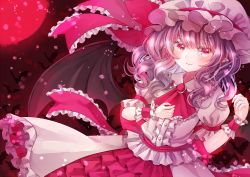 Rule 34 | 1girl, ascot, bat (animal), bat wings, belt, bow, brown background, buttons, closed mouth, collar, collared dress, dress, flying, gem, hair between eyes, hands up, hat, hat ribbon, jaku sono, jewelry, looking to the side, medium hair, mob cap, moon, pink ascot, pink belt, pink bow, pink eyes, pink ribbon, pointy ears, puffy short sleeves, puffy sleeves, purple hair, red moon, remilia scarlet, ribbon, short sleeves, smile, solo, touhou, white dress, white hat, white sleeves, wings, wrist cuffs