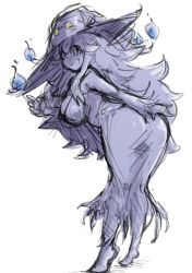 Rule 34 | 1girl, ass, bent over, blush, breasts, creatures (company), dress, from behind, game freak, genkillua, hat, hex maniac (pokemon), highres, image sample, large breasts, long dress, long hair, looking at viewer, messy hair, monochrome, nintendo, open mouth, pokemon, pokemon xy, simple background, sketch, smile, solo, tumblr sample, white background, witch hat