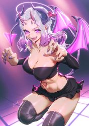 1girl bare_shoulders breasts claw_pose cleavage commission demon_girl demon_tail demon_wings fang halo highres horns jewelry kionaoki kneeling long_hair looking_at_viewer medium_breasts multicolored_hair nail_polish navel open_mouth original purple_eyes purple_hair ring skirt solo tail thighhighs two-tone_hair white_hair wings