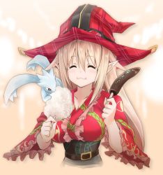 Rule 34 | 1girl, asahi, blonde hair, blush, breasts, creature, female focus, food, happy, hat, japanese clothes, kimono, large breasts, long hair, magical girl, magical girl lilith, pointy ears, smile, solo, taimanin (series), taimanin asagi kessen arena, witch hat