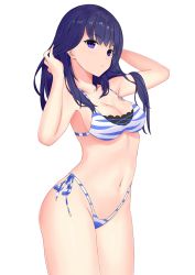 Rule 34 | 10s, 1girl, bad id, bad pixiv id, bikini, blue eyes, blue hair, breasts, cleavage, cowboy shot, expressionless, gridman universe, hand in own hair, hand on own hip, highleg, highleg bikini, medium breasts, navel, side-tie bikini bottom, simple background, solo, ssss.gridman, standing, swimsuit, takarada rikka, white background
