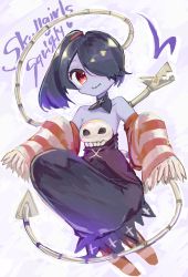 Rule 34 | 1girl, asymmetrical hair, bare shoulders, black neckwear, blue hair, blue skin, breasts, colored skin, detached collar, detached sleeves, dress, hair over one eye, highres, leviathan (skullgirls), looking at viewer, medium breasts, red eyes, side ponytail, skeletal arm, skullgirls, smile, solo, squigly (skullgirls), stitched mouth, stitches, striped, striped sleeves, zombie