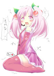 Rule 34 | 1girl, blush, boots, bulbonne, cherry, detached sleeves, food, fruit, full body, hatsune miku, headset, implied masturbation, long hair, necktie, open mouth, pink eyes, pink footwear, pink hair, sakura miku, saliva, seiza, simple background, sitting, skirt, solo, tears, thighhighs, twintails, vocaloid, white background