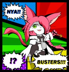 Rule 34 | !?, 1girl, animal ears, artist request, cat busters, cat ears, cat tail, english text, female focus, furry, furry female, green eyes, highres, long hair, neko hakase (cat busters), no humans, open mouth, pink hair, solo, speech bubble, spoken interrobang, tail, talking, twintails