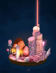 Rule 34 | 1girl, blue background, brown hair, cake, candle, candy, chair, cup, daisy, door, flower, food, food focus, fruit, glowing, highres, inika, lollipop, long hair, macaron, mini person, minigirl, original, petals, pink flower, pink rose, red flower, red rose, rose, scenery, signature, sitting, solo, stairs, strawberry, teacup, teapot, very wide shot, white flower