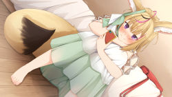Rule 34 | 1girl, ahoge, animal ear fluff, animal ears, aobara hairi, bag, barefoot, bed, bed sheet, blush, cellphone, closed mouth, commentary request, dress, feet, fennec fox, foot out of frame, fox ears, fox girl, fox tail, green dress, green ribbon, hair ribbon, highres, holding, hololive, hugging own legs, indoors, leaning forward, light brown hair, long hair, multicolored clothes, multicolored dress, multicolored hair, official alternate costume, omaru polka, omaru polka (street casual), phone, pink hair, purple eyes, ribbon, see-through, see-through sleeves, short sleeves, shoulder bag, sitting, smartphone, solo, streaked hair, tail, toenails, toes, virtual youtuber, white dress, white ribbon