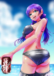 Rule 34 | 1girl, absurdres, aqua eyes, artist name, ass, bare shoulders, bikini, black bikini, blue sky, blush, brand name imitation, breasts, can, cloud, covered erect nipples, day, dr pepper, drink can, female focus, from behind, from below, green eyes, grey bikini, grey scrunchie, hair ornament, highres, holding, holding can, long hair, long twintails, looking at viewer, looking back, looking down, love live!, love live! school idol project, low twintails, medium breasts, ocean, open mouth, outdoors, parted lips, purple hair, scrunchie, signature, skindentation, sky, smile, soda, soda can, solo, source request, sparkle, sweatdrop, swimsuit, takemuu, teeth, tojo nozomi, twintails, water, wet, wet clothes, wet swimsuit