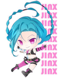 Rule 34 | 1girl, blue hair, boots, braid, chibi, gloves, hairline, jinx (league of legends), league of legends, long hair, lowres, pink eyes, shorts, single thighhigh, tattoo, thighhighs, twin braids