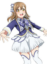 Rule 34 | 1girl, :d, absurdres, blue bow, blue bowtie, blue jacket, bow, bowtie, brightest melody, brown hair, flower, hair bow, hair flower, hair ornament, highres, jacket, kunikida hanamaru, long hair, long sleeves, looking at viewer, love live!, love live! school idol festival, love live! sunshine!!, open mouth, outstretched arms, plaid, plaid bow, plaid bowtie, plaid neckwear, simple background, skirt, smile, solo, spread arms, thighhighs, vorupi, white background, white skirt, white thighhighs, yellow eyes