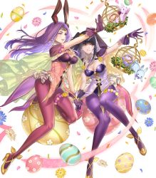Rule 34 | 2girls, ;d, animal ears, black eyes, black hair, blue flower, blunt bangs, breasts, brown eyes, circlet, cleavage, detached collar, easter egg, egg, fake animal ears, female focus, fire emblem, fire emblem awakening, fire emblem echoes: shadows of valentia, fire emblem gaiden, fire emblem heroes, flower, gloves, grin, high heels, highres, kippu, large breasts, long hair, matching hair/eyes, multiple girls, nintendo, non-web source, official art, one eye closed, open mouth, outstretched arm, pantyhose, parted lips, petals, pink flower, purple gloves, purple hair, purple legwear, rabbit, rabbit ears, shirt, smile, sonya (fire emblem gaiden), strapless, strapless shirt, tharja (fire emblem), thighs, transparent background, white flower, wink, yellow flower, yellow footwear