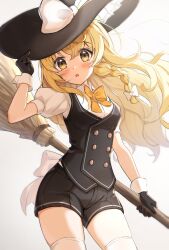 Rule 34 | 1girl, alternate costume, black gloves, black shorts, black vest, blonde hair, blush, bow, bowtie, braid, broom, cowboy shot, gloves, hair bow, hat, hat bow, highres, holding, holding broom, holding clothes, holding hat, kirisame marisa, long hair, looking at viewer, puffy short sleeves, puffy sleeves, shirt, short sleeves, shorts, single braid, sleeves past wrists, solo, thighhighs, touhou, vest, wheat retzel, white bow, white shirt, white thighhighs, witch hat, yellow bow, yellow bowtie, yellow eyes