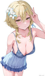 Rule 34 | 1girl, absurdres, arm behind back, arm up, armpit crease, armpits, blonde hair, blue dress, blue panties, blush, breasts, cleavage, commentary request, cowboy shot, dress, feather hair ornament, feathers, flower, genshin impact, hair between eyes, hair flower, hair ornament, highres, large breasts, looking at viewer, lumine (genshin impact), nightgown, open mouth, panties, patreon username, rosumerii, see-through, short hair with long locks, simple background, sleepy, solo, thighs, underwear, white background, white flower, yellow eyes
