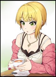 Rule 34 | 1girl, bad id, bad twitter id, bare shoulders, blonde hair, blush, breasts, camisole, cardigan, cleavage, collarbone, cup, eyelashes, green eyes, heart, heart necklace, idolmaster, idolmaster cinderella girls, jewelry, medium breasts, miyamoto frederica, necklace, off shoulder, omaru gyuunyuu, open cardigan, open clothes, parted lips, pink sweater, short hair, solo, spoon, steam, sweater, white camisole