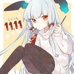Rule 34 | 1girl, alternate costume, ark kan, black pantyhose, blunt bangs, dated, dress, food, hair ribbon, headgear, holding, holding food, kantai collection, knees together feet apart, knees up, long hair, long sleeves, looking at viewer, mouth hold, murakumo (kancolle), pantyhose, pocky, pocky day, red eyes, red ribbon, ribbon, sidelocks, silver hair, sitting, solo, star (symbol), star in eye, sweater, sweater dress, symbol in eye, tress ribbon, turtleneck, turtleneck sweater, very long hair, white sweater, yellow background