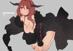 Rule 34 | 10s, 1girl, all fours, bad id, bad pixiv id, bare legs, breasts, character name, choker, cleavage, copyright name, demon horns, fake horns, grey background, hands on own knees, hanging breasts, horns, large breasts, light smile, long hair, looking up, maou (maoyuu), maoyuu maou yuusha, pincorosium, red eyes, red hair, solo