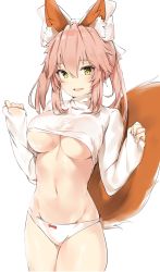 Rule 34 | 10s, 1girl, animal ear fluff, animal ears, blush, bow, bow panties, breasts, cleavage, cowboy shot, fang, fate/extra, fate (series), fox ears, fox tail, groin, hair between eyes, hair bow, hands up, highres, hip focus, large bow, large breasts, long hair, looking at viewer, navel, no bra, open mouth, panties, pink hair, red bow, sidelocks, silver (chenwen), simple background, sleeves past wrists, smile, solo, sweater, tail, tamamo (fate), tamamo no mae (fate/extra), teeth, thighs, tsurime, turtleneck, turtleneck sweater, underboob, underwear, white background, white bow, white panties, white sweater, yellow eyes