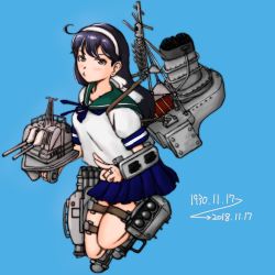Rule 34 | 1girl, adapted turret, ahoge, black hair, blue background, blue skirt, brown eyes, cannon, commentary request, dated, full body, green sailor collar, hairband, jewelry, kantai collection, long hair, looking at viewer, machinery, moxtu69 eg, neckerchief, pleated skirt, pout, ring, sailor collar, skirt, smokestack, solo, turret, ushio (kancolle), ushio kai ni (kancolle), wedding band, white hairband