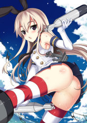 Rule 34 | 10s, 1girl, alternate eye color, ass, blonde hair, blush, bomb, elbow gloves, explosive, gloves, hairband, kantai collection, kyogoku shin, long hair, looking at viewer, no panties, open mouth, petite, purple eyes, shimakaze (kancolle), shiny skin, solo, striped clothes, striped thighhighs, thighhighs, wet, white gloves