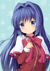 Rule 34 | 1girl, blue background, blue eyes, blue hair, blush, bow, bowtie, capelet, cellphone, closed mouth, hair between eyes, hair intakes, head tilt, holding, holding phone, kanon, long hair, looking at viewer, minase nayuki, nekono rin, phone, pink bow, pink bowtie, pink ribbon, red shirt, ribbon, shirt, smile, snowflake background, solo, very long hair, white capelet