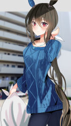 Rule 34 | 1girl, absurdres, admire vega (umamusume), animal ears, apartment, argyle, argyle clothes, argyle sweater, blue sweater, blurry, blurry background, brown hair, casual, closed mouth, collarbone, commentary request, cowboy shot, dress, expressionless, frown, hair between eyes, hand up, highres, holding, horse ears, horse girl, horse tail, jewelry, kirameki (rikukaikuu), long sleeves, looking at viewer, necklace, red eyes, solo, sweater, sweater dress, tail, trash bag, umamusume, wide sleeves