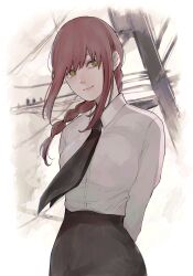 Rule 34 | 1girl, absurdres, arms behind back, black necktie, black pants, braid, braided ponytail, chainsaw man, commentary, eyebrows hidden by hair, highres, makima (chainsaw man), making-of available, necktie, pants, power lines, red hair, sidelocks, single braid, smile, solo, toukaairab, upper body, utility pole, yellow eyes
