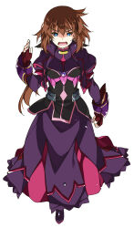 1girl blue_eyes boots brown_hair dress fingerless_gloves full_body gloves hair_between_eyes highres long_dress long_hair looking_at_viewer lyrical_nanoha mahou_shoujo_lyrical_nanoha_innocent open_mouth ponytail purple_dress purple_footwear red_gloves shikei simple_background sketch solo standing stern_the_destructor v-shaped_eyebrows very_long_hair white_background