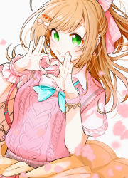 Rule 34 | 1girl, ahoge, arms up, ayum k, bag, blonde hair, blurry, blurry foreground, blush, bow, bowtie, bracelet, cherry blossoms, clothes around waist, depth of field, earrings, green eyes, grin, hair bow, hair ornament, heart, heart hands, highres, idolmaster, idolmaster cinderella girls, jewelry, looking at viewer, petals, pink shirt, pink vest, ponytail, ring, sato shin, school bag, school uniform, shirt, short sleeves, sidelocks, simple background, smile, solo, upper body, vest, watch, white background, wrist cuffs, wristwatch
