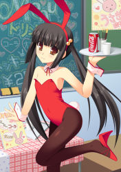 Rule 34 | animal ears, black hair, blush, brown eyes, brown pantyhose, can, chalkboard, classroom, coca-cola, covered navel, cup, detached collar, drink can, fake animal ears, flat chest, food, gaou (babel), hair bobbles, hair ornament, high heels, leotard, long hair, original, pantyhose, playboy bunny, pocky, product placement, rabbit ears, rabbit tail, red footwear, red leotard, shoe dangle, smile, soda can, solo, standing, standing on one leg, tail, tray, twintails, wrist cuffs