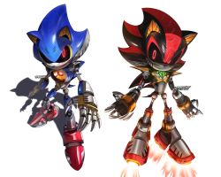Rule 34 | 2others, blue skin, chaos emerald, claws, colored skin, commentary, english commentary, fire, flying, highres, humanoid robot, mecha, metal shadow, metal sonic, multiple others, red eyes, red skin, robot, rocket, shadow, snartles, sonic (series)