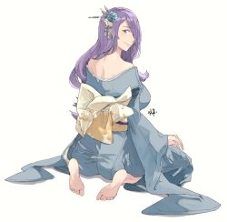 Rule 34 | 1girl, alternate costume, alternate hairstyle, bare shoulders, barefoot, blush, breasts, camilla (fire emblem), closed mouth, fire emblem, fire emblem fates, flower, hair flower, hair ornament, hair over one eye, highres, japanese clothes, kimono, kneeling, large breasts, long hair, long sleeves, looking at viewer, nintendo, no shoes, purple eyes, purple hair, sakuremi, signature, smile, soles, solo, wavy hair, white background, yukata