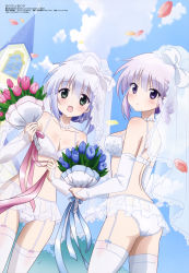 Rule 34 | 10s, 2girls, absurdres, airi (alice or alice), alice or alice, ass, bare shoulders, blue bow, blue flower, blue ribbon, blue sky, blue tulip, blush, body blush, bouquet, bow, bow bra, bow panties, bra, breasts, bridal veil, bush, cleavage, cloud, collarbone, cowboy shot, day, detached sleeves, flower, flower request, garter belt, garter straps, green eyes, hair between eyes, highres, holding, holding bouquet, ishikawa puro, jewelry, light purple hair, looking at viewer, magazine scan, medium breasts, megami magazine, multiple girls, necklace, official art, open mouth, outdoors, panties, parted lips, pearl necklace, petals, pink bow, pink flower, pink ribbon, purple eyes, ribbon, rise (alice or alice), scan, siblings, silver hair, sisters, sky, smile, thighhighs, tower, tulip, twins, underwear, underwear only, veil, white bow, white bra, white garter belt, white panties, white sleeves, white thighhighs, window