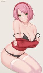 Rule 34 | 1girl, artist name, bare shoulders, black bra, black panties, bra, breast hold, breasts, cleavage, closed mouth, collarbone, commentary, facial mark, forehead mark, green eyes, groin, hairband, haruno sakura, headband, highres, large breasts, light frown, long sleeves, looking at viewer, naruto (series), naruto shippuuden, navel, panties, pink hair, red hairband, shellvi, short hair, simple background, sitting, skindentation, sleeves past wrists, solo, stomach, strap slip, thighhighs, underwear, undressing, white thighhighs