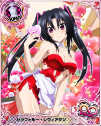 Rule 34 | 1girl, alternate costume, apron, bare arms, bare legs, bare shoulders, black hair, blush, breasts, c:, card (medium), character name, chess piece, cleavage, closed mouth, covered erect nipples, detached collar, dress, female focus, hair between eyes, hair ribbon, hand up, head tilt, heart, high school dxd, high school dxd infinity, king (chess), large breasts, legs, long hair, looking at viewer, official art, panties, pantyshot, pink eyes, pink panties, pink ribbon, red dress, ribbon, serafall leviathan, shiny skin, short dress, smile, solo, standing, strapless, strapless dress, torn clothes, torn dress, trading card, tube dress, twintails, underboob, underwear, white apron
