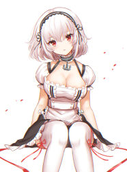 Rule 34 | 1girl, anchor choker, apron, azur lane, bad id, bad pixiv id, blush, breasts, cleavage, collarbone, commentary request, dress, feet out of frame, hair between eyes, head tilt, highres, kiki-yu, knees together feet apart, large breasts, looking at viewer, maid, maid apron, maid headdress, parted lips, puffy short sleeves, puffy sleeves, red eyes, red ribbon, ribbon, short hair, short sleeves, silver hair, simple background, sirius (azur lane), sitting, solo, thighhighs, white background, white dress, white thighhighs