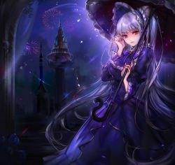 Rule 34 | 1girl, 96dgd, absurdres, adjusting hair, black umbrella, dress, dungeon and fighter, fireworks, floating hair, frilled umbrella, frills, gothic lolita, highres, holding, holding umbrella, lolita fashion, long dress, long hair, looking at viewer, night, outdoors, purple dress, red eyes, silver hair, silver luster tagore, solo, standing, twintails, umbrella, very long hair