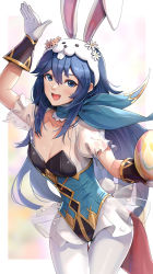 Rule 34 | 1girl, :d, animal ears, arm up, blue eyes, blue hair, breasts, cleavage, commentary request, cowboy shot, fake animal ears, fake tail, fire emblem, fire emblem awakening, gloves, gold trim, gonzarez, hair between eyes, highres, leotard, long hair, looking at viewer, lucina (fire emblem), lucina (spring) (fire emblem), nintendo, open mouth, pantyhose, playboy bunny, rabbit ears, rabbit tail, short sleeves, smile, solo, standing, tail, thighs, very long hair, white gloves, white pantyhose