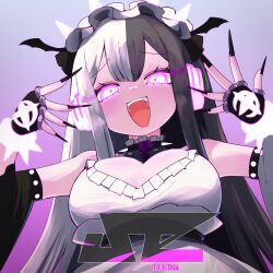 Rule 34 | 1girl, :d, absurdres, beatmania, beatmania iidx, black choker, black hair, black nails, black sleeves, breasts, choker, cleavage, commentary request, detached sleeves, fingernails, flower, glowing, glowing eyes, gradient background, headdress, headphones, highres, large breasts, long hair, looking at viewer, medium bangs, multicolored hair, open mouth, pink background, pink eyes, purple flower, purple rose, rose, sharp fingernails, shirt, smile, solar eclipse (bemani), solo, spiked choker, spikes, split-color hair, teeth, tekina (chmr), two-tone hair, upper body, upper teeth only, white hair, white shirt, white sleeves