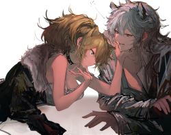 Rule 34 | 1boy, 1girl, absurdres, animal ears, arknights, bare arms, bare shoulders, black choker, black jacket, black nails, blonde hair, breasts, brown eyes, chinese commentary, choker, cleavage, closed mouth, collarbone, commentary request, finger in another&#039;s mouth, grey shirt, hetero, highres, jacket, jacket on shoulders, leopard ears, lion ears, long sleeves, lying, medium breasts, naijiaer, nail polish, on stomach, open mouth, ponytail, shirt, siege (arknights), silver hair, silverash (arknights), simple background, tank top, white background, yellow eyes