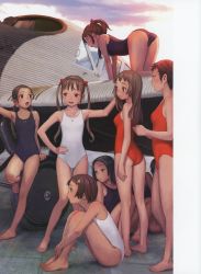 Rule 34 | 6+girls, absurdres, aircraft, airplane, all fours, ass, barefoot, black one-piece swimsuit, blue eyes, blush, body blush, breasts, brown eyes, brown hair, collarbone, day, flat chest, full body, hair ornament, hand on own hip, highres, long hair, medium breasts, multiple girls, murata range, one-piece swimsuit, open mouth, orange one-piece swimsuit, original, outdoors, red one-piece swimsuit, short hair, sitting, small breasts, standing, swimsuit, twintails, white one-piece swimsuit