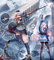 Rule 34 | 3girls, absurdres, aiming, building, bullet, capelet, city, cityscape, cloud, cloudy sky, day, dress, explosion, firing, grey hair, gun, hat, highres, kenzo 093, long hair, looking to the side, looking up, military, military vehicle, miniskirt, motor vehicle, multiple girls, original, outdoors, pantyhose, pink hair, red eyes, reflection, reflective water, ribbon, rifle, scarf, scenery, shoes, skirt, sky, socks, tank, thighhighs, weapon, yellow eyes