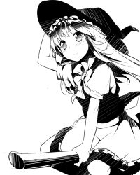 Rule 34 | 1girl, blush, broom, broom riding, greyscale, hand on headwear, hat, highres, kirisame marisa, long hair, monochrome, piiko (aa doushiyou), simple background, smile, solo, touhou, white background, witch hat