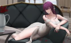 Rule 34 | 1girl, absurdres, alternate costume, armpit crease, bare legs, bare shoulders, bow, breasts, cleavage, collarbone, commentary, couch, dress, earrings, english commentary, flower, groin outline, hair between eyes, hair bow, hair intakes, highres, holding, holding flower, holding petal, honkai: star rail, honkai (series), indoors, jewelry, kafka (honkai: star rail), kystery, large breasts, long dress, long hair, looking to the side, lying, nail polish, on couch, on side, parted lips, petals, purple eyes, purple nails, red flower, red petals, red rose, ring, rose, side slit, sidelocks, skin tight, solo, white bow, white dress