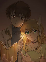 Rule 34 | 1boy, 1girl, blonde hair, blue shirt, book, brown eyes, brown hair, choker, commentary request, fire emblem, fire emblem: thracia 776, green eyes, green shirt, grey background, hair between eyes, highres, holding, holding book, jacket, leif (fire emblem), looking at another, nanna (fire emblem), nintendo, open clothes, open jacket, parted lips, shirt, short hair, short sleeves, smile, upper body, white jacket, yuyu (uca-lm)