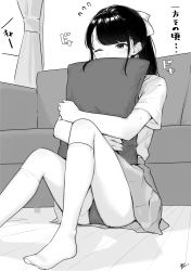 Rule 34 | 1girl, absurdres, ass, blush, bow, couch, covered mouth, curtains, greyscale, hair bow, hair ornament, highres, indoors, kneehighs, mole, mole under eye, monochrome, no shoes, hugging object, one eye closed, original, panties, pillow, pillow hug, ponytail, shirt, short sleeves, signature, sitting, socks, solo, takenoko no you, translation request, underwear, wooden floor
