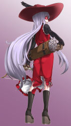 Rule 34 | 1girl, arrow (projectile), boots, bow (weapon), dress, eyepatch, feathers, from behind, gloves, hat, ifuji shinsen, long hair, looking back, original, platform footwear, quiver, silver hair, smile, solo, very long hair, weapon