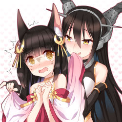 Rule 34 | 2girls, @ @, ^^^, animal ears, azur lane, bare shoulders, black gloves, black hair, blush, commentary request, crossover, crying, crying with eyes open, elbow gloves, female pervert, gloves, hair between eyes, hair ornament, head tilt, headgear, heart, heart background, highres, historical name connection, kantai collection, licking lips, long hair, long sleeves, multiple girls, nagato (azur lane), nagato (kancolle), name connection, nose blush, open mouth, pervert, silveroid, sleeveless, tears, tongue, tongue out, very long hair, wavy mouth, white background, wide sleeves, yellow eyes, yuri