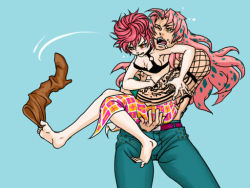 Rule 34 | 1boy, 1girl, age difference, barefoot, between toes, blue background, boots, unworn boots, breasts, carrying, cleavage, diavolo, embarrassed, father and daughter, feet, fumaru, holding, holding with feet, jojo no kimyou na bouken, kabusumisu, lace, long hair, math, muscular, one eye closed, orange eyes, pink hair, saliva, short hair, sideboob, simple background, size difference, skirt, spoilers, struggling, toes, trish una, vento aureo, wink, wristband, yellow eyes