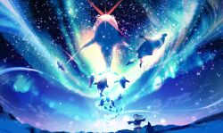 Rule 34 | 1girl, aurora, bird, black jacket, dolphin, dress, flying whale, highres, jacket, long hair, makoron117117, night, night sky, original, outdoors, outstretched arms, penguin, scenery, sky, solo, spread arms, star (sky), starry sky, whale