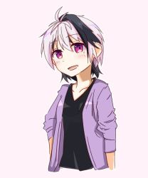 Rule 34 | 1girl, androgynous, black hair, black shirt, commentary, cropped torso, flower (vocaloid), jacket, looking at viewer, multicolored hair, open mouth, pink background, purple eyes, purple jacket, shirt, short hair, smile, solo, streaked hair, two-tone hair, upper body, flower (vocaloid4), vocaloid, white hair, yamainu luna